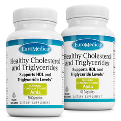 EuroMedica Healthy Cholesterol and Triglycerides bottle with label highlighting heart support.