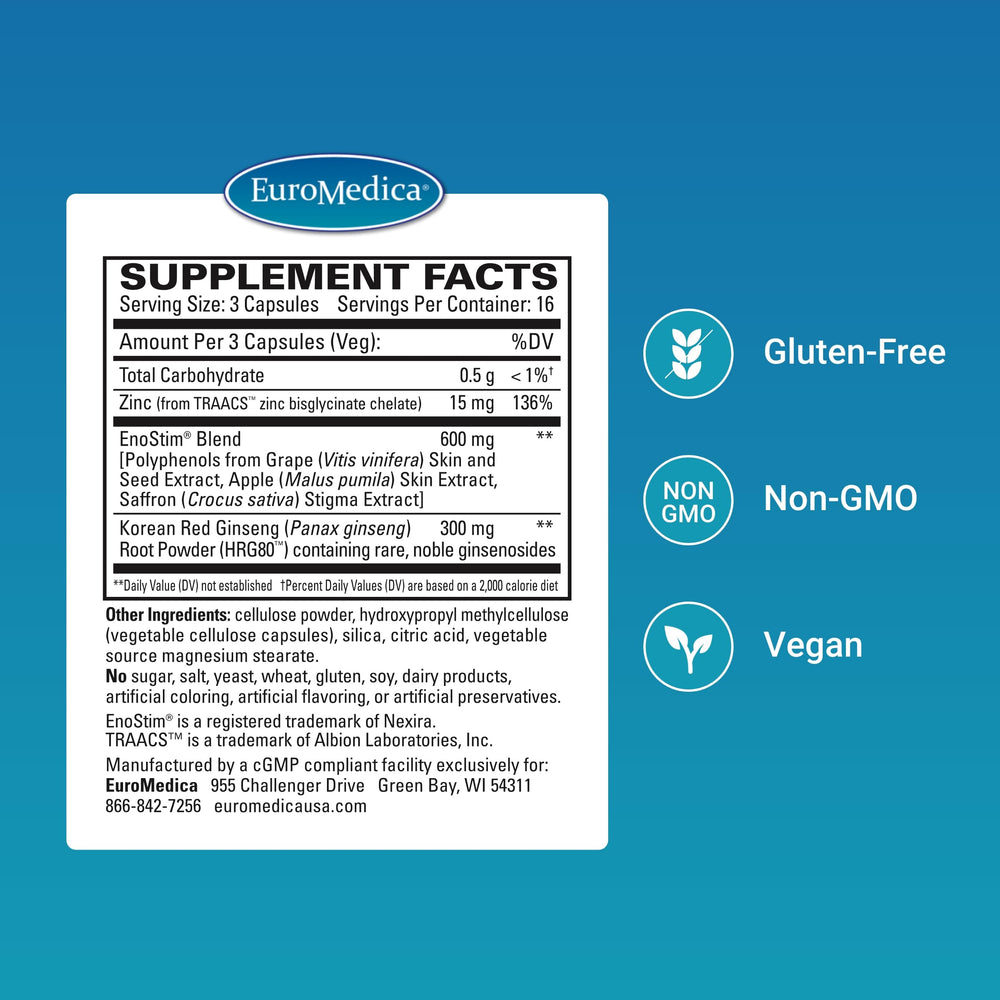 EuroMedica HRG80 red ginseng capsule close-up illustrating vitality and energy support.