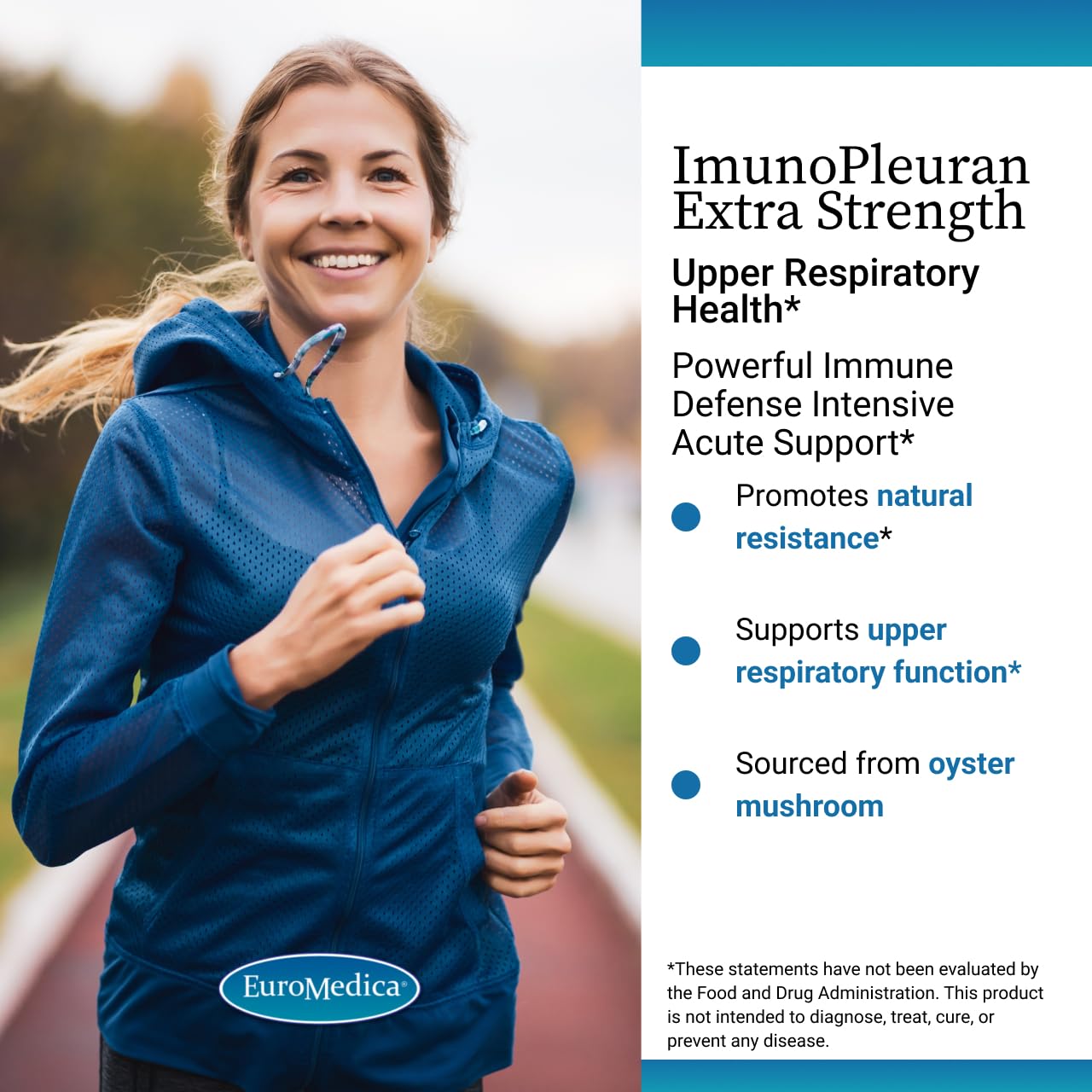 EuroMedica ImunoPleuran extra strength bottle closeup highlighting vitamin C and zinc.
