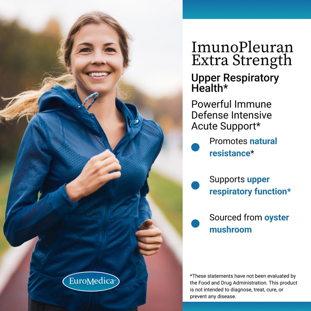 EuroMedica ImunoPleuran extra strength bottle closeup highlighting vitamin C and zinc.