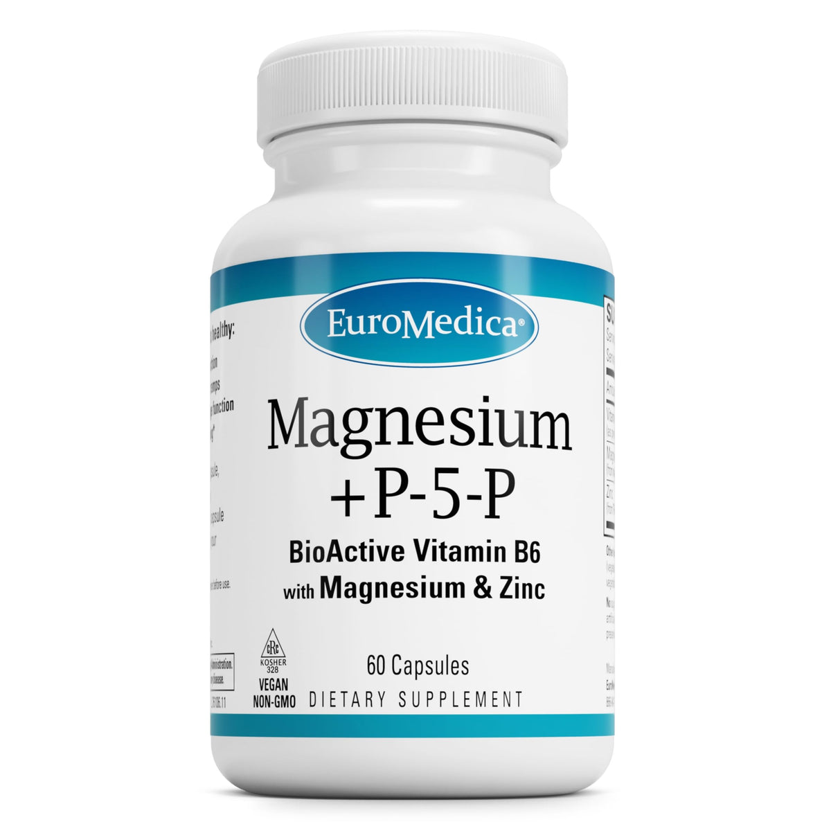 EuroMedica Magnesium P-5-P bottle for convenient daily supplementation supporting bone and heart health.