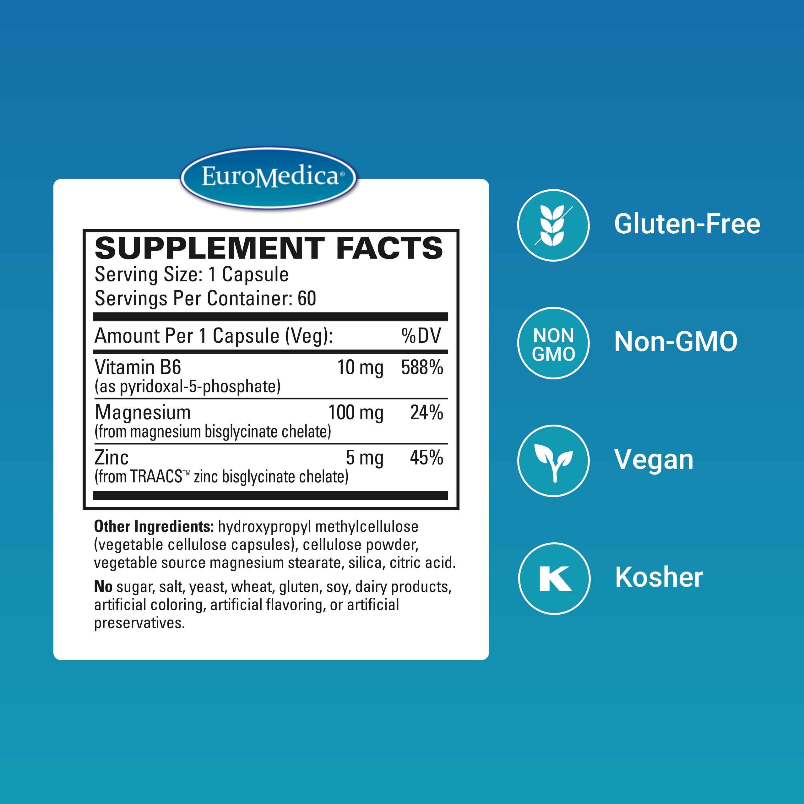 EuroMedica Magnesium P-5-P capsules close-up highlighting active minerals and vegan formula.