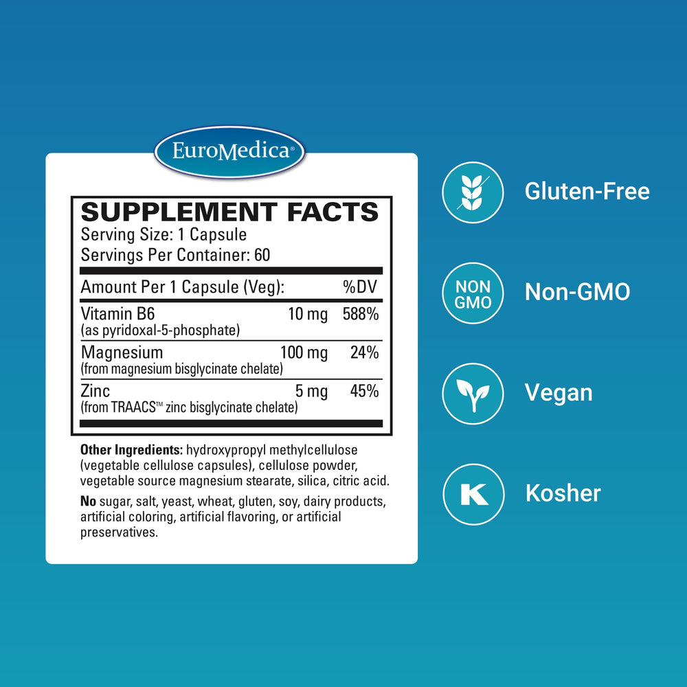 EuroMedica Magnesium P-5-P capsules close-up highlighting active minerals and vegan formula.