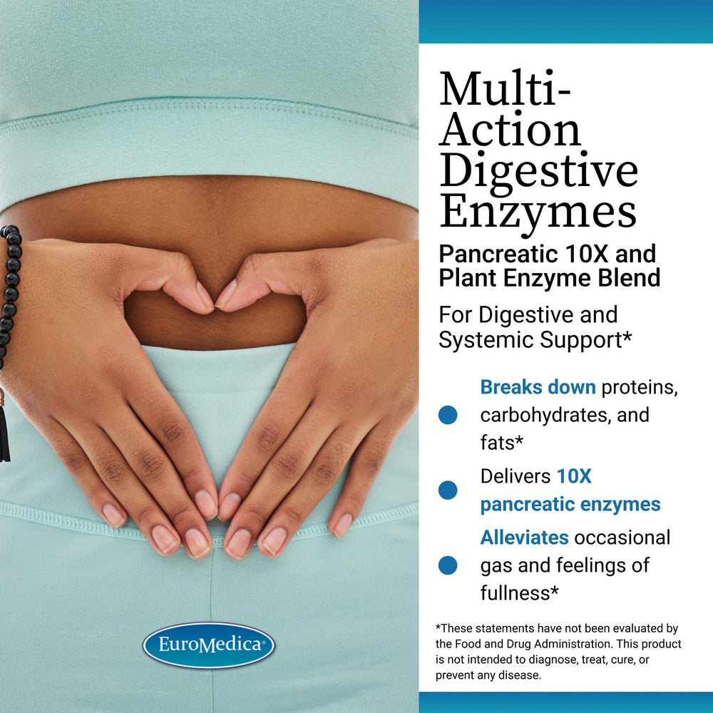 EuroMedica Multi-Action Digestive Enzymes bottle with capsules ready for daily use.
