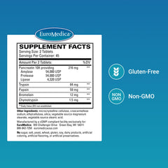 EuroMedica Digestive Enzymes tablets close-up showing undiluted pancreatic enzymes.