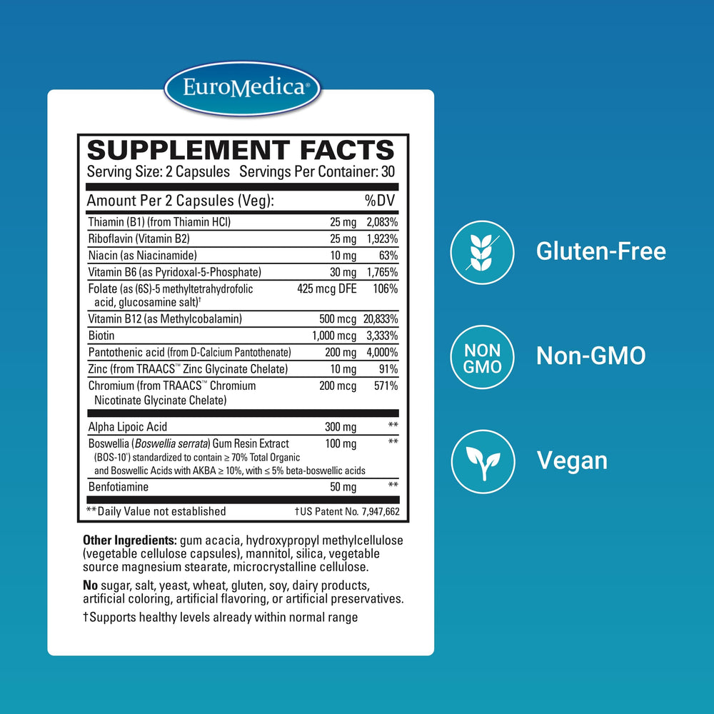 Close-up of EuroMedica Nerve Complex capsules for daily nerve health.