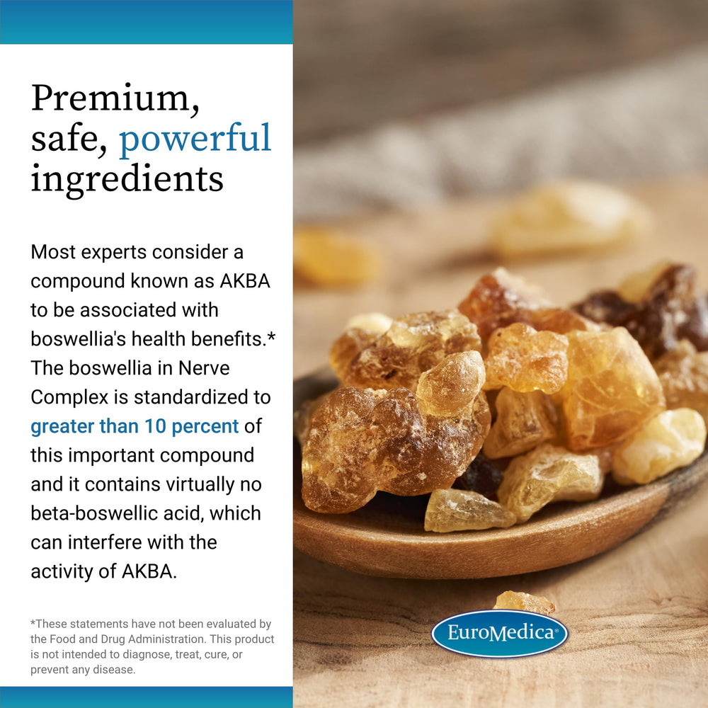 EuroMedica Nerve Complex ingredients list with B vitamins and alpha-lipoic acid.
