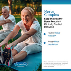 EuroMedica Nerve Complex label highlighting vegan formula and boswellia serrata.