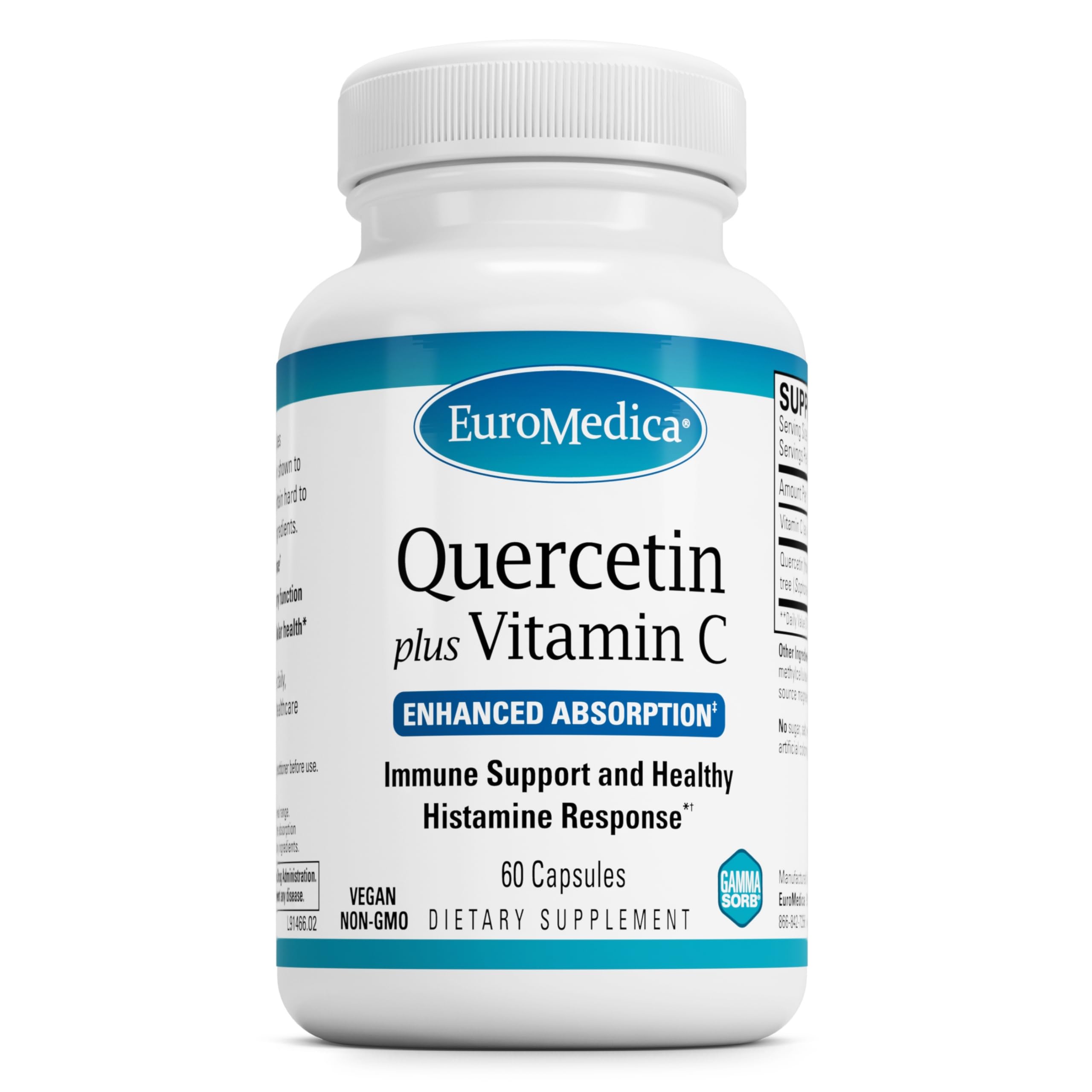 EuroMedica Quercetin Plus Vitamin C bottle front for daily immune support.