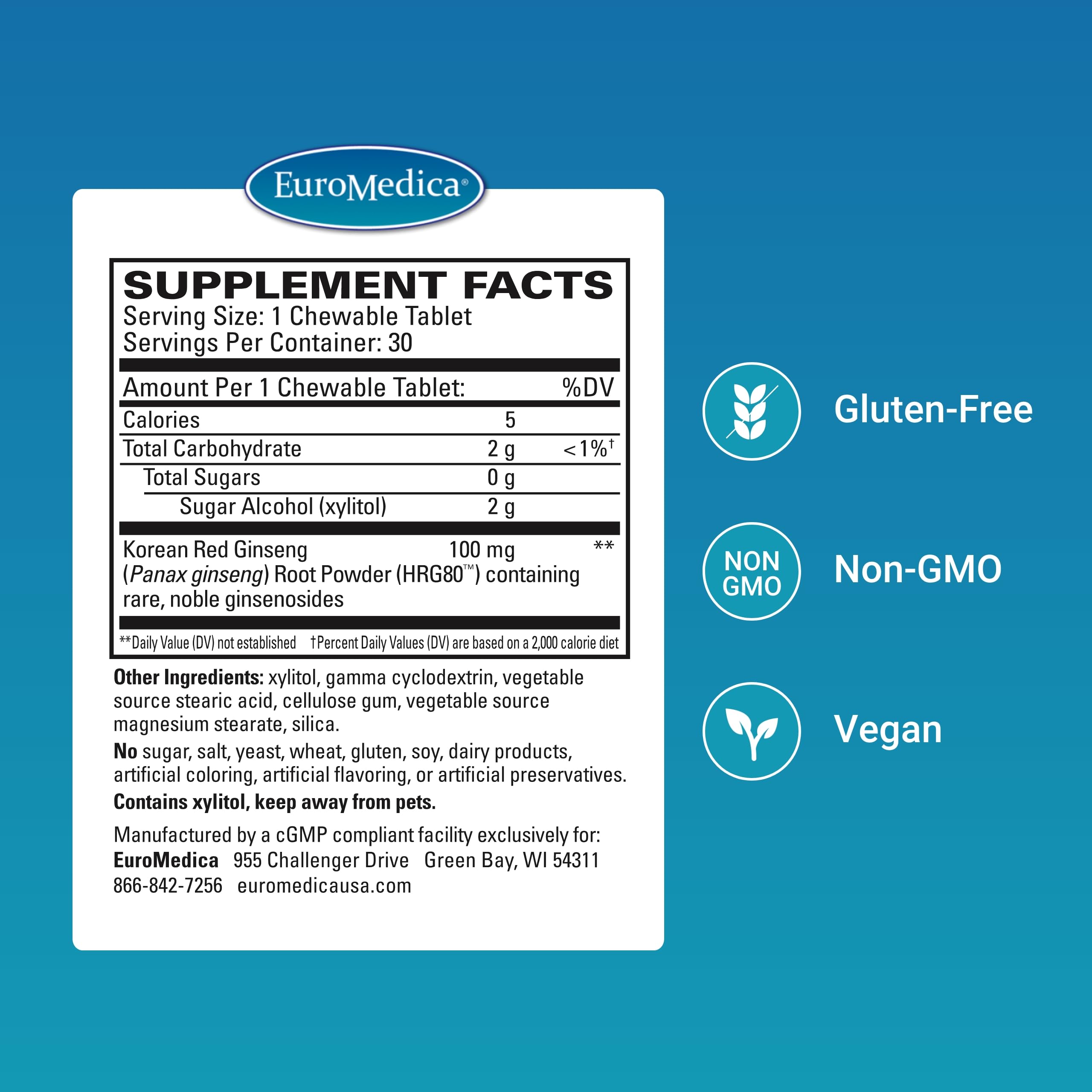 EuroMedica Red Ginseng Energy tablets closeup emphasizes herbal formula for endurance.