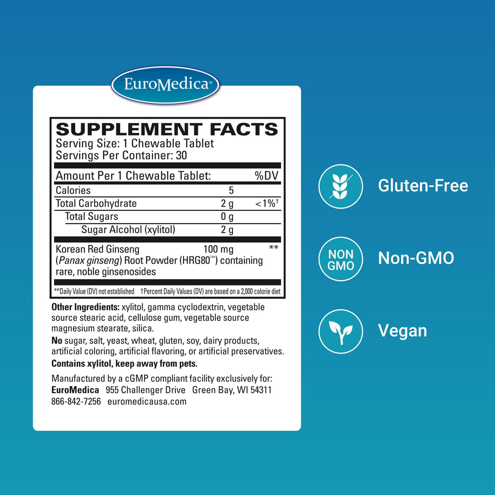 EuroMedica Red Ginseng Energy tablets closeup emphasizes herbal formula for endurance.