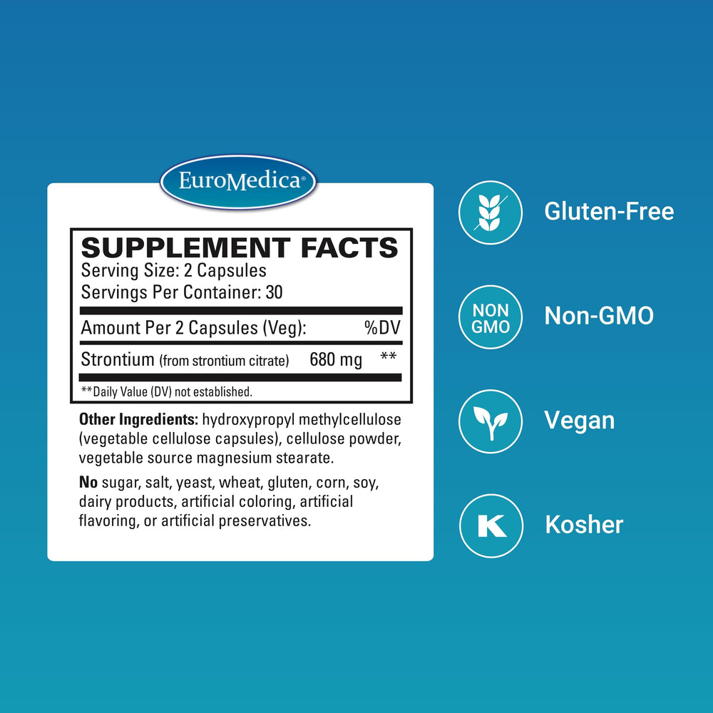 EuroMedica Strontium capsules close-up showing vegan capsules