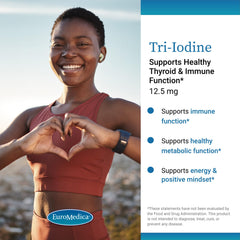 EuroMedica Tri-Iodine bottle label highlighting allergen-friendly formula.
