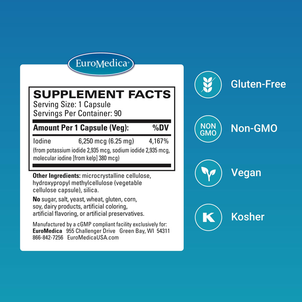 EuroMedica Tri-Iodine capsules close-up highlighting iodine trio for hormone balance.