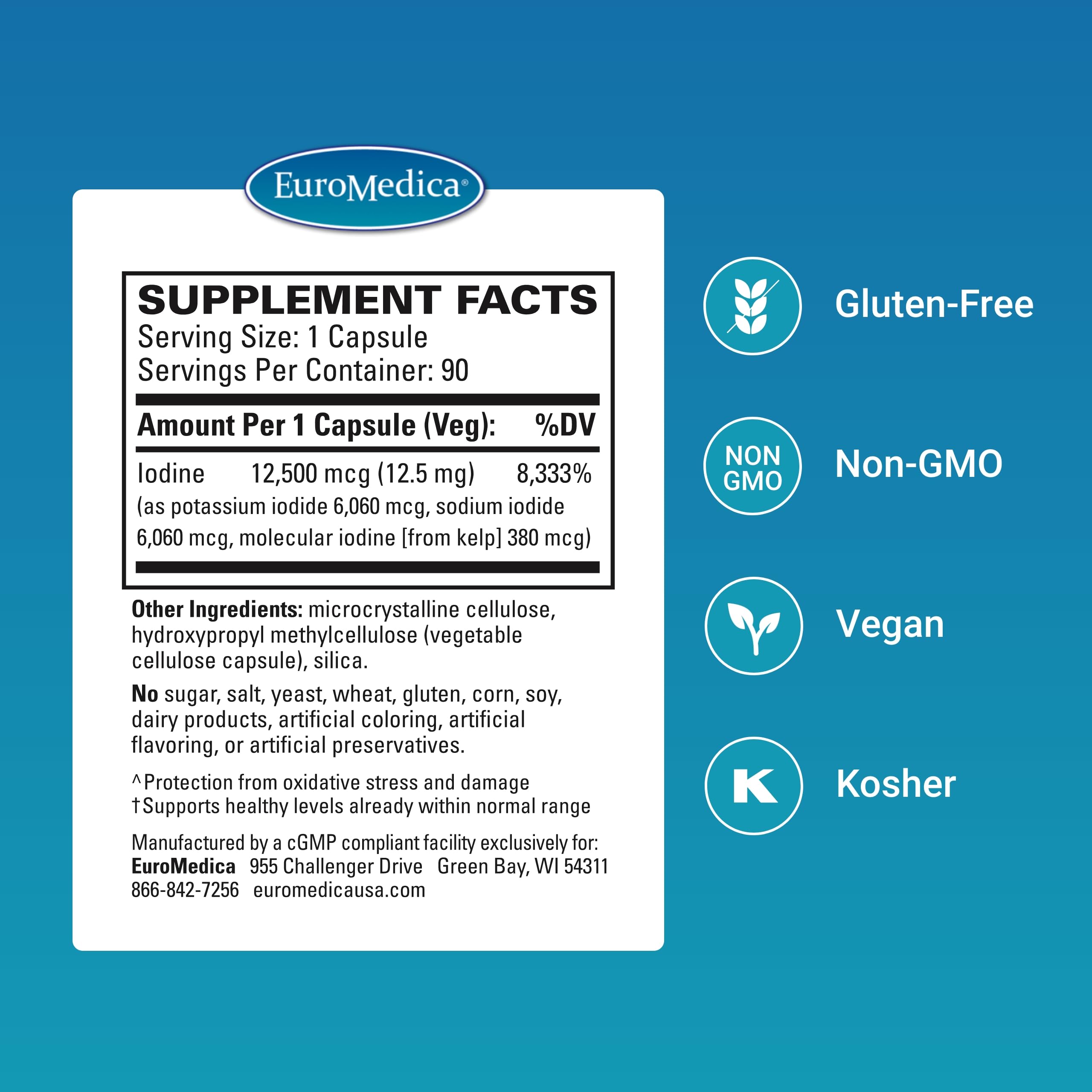EuroMedica Tri-Iodine capsules close-up showing three-iodine blend for thyroid support.