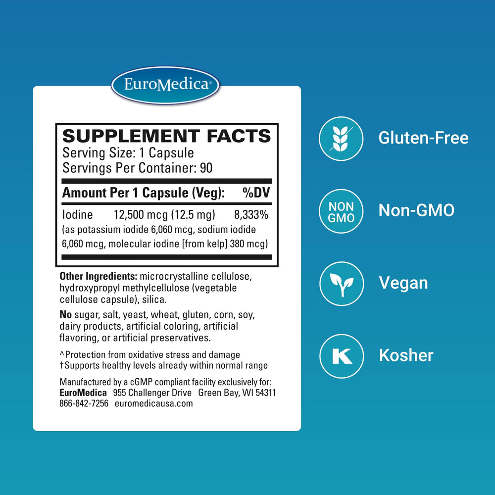 EuroMedica Tri-Iodine capsules close-up showing three-iodine blend for thyroid support.