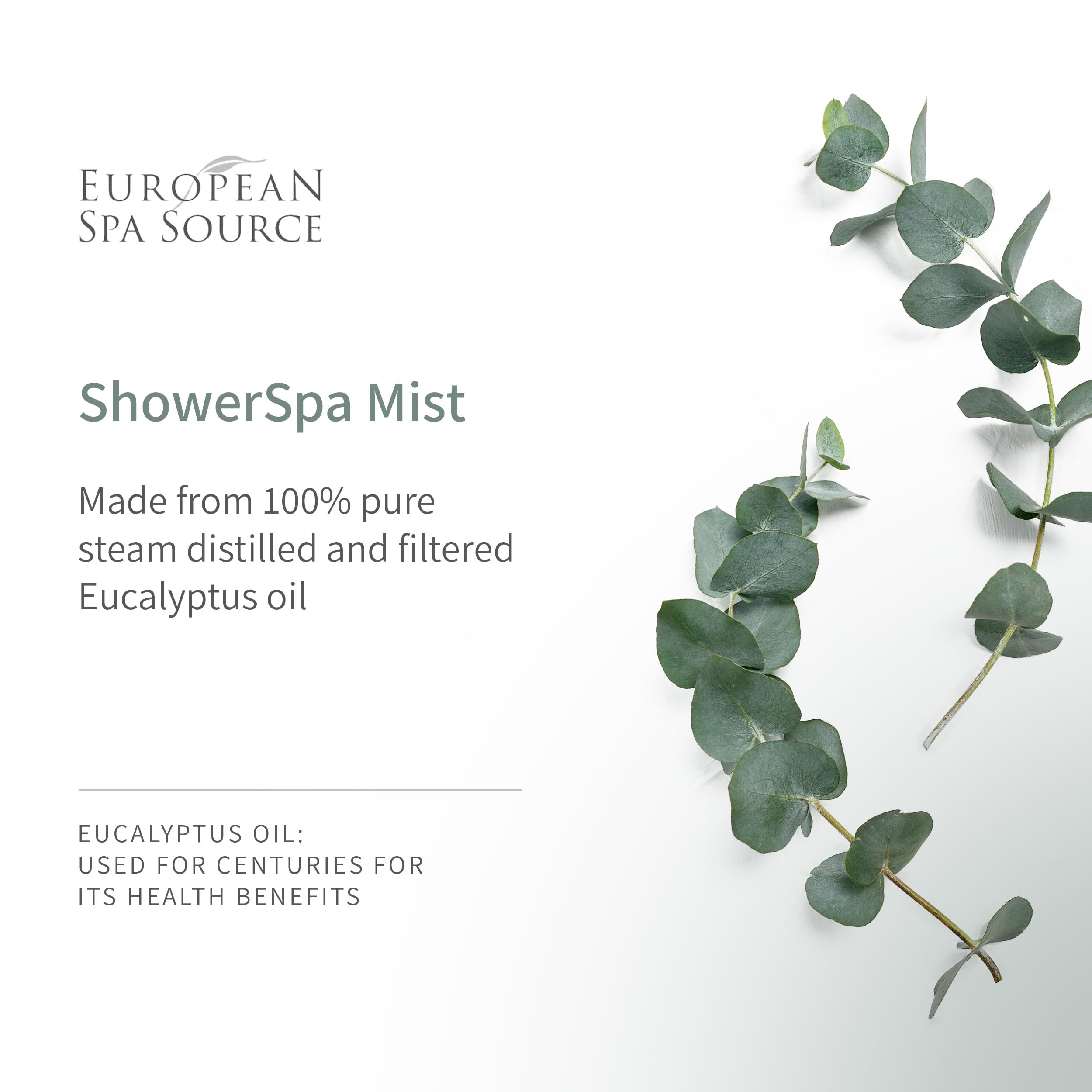 European Spa Source Eucalyptus Leaves and ShowerSpa Mist in a spa-styled setting for natural aromatherapy ambiance.