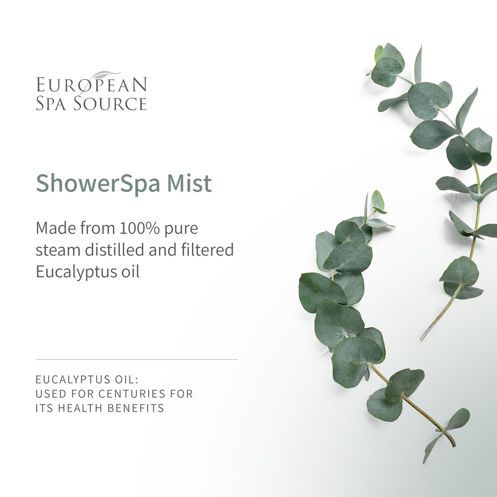 European Spa Source Eucalyptus Leaves and ShowerSpa Mist in a spa-styled setting for natural aromatherapy ambiance.