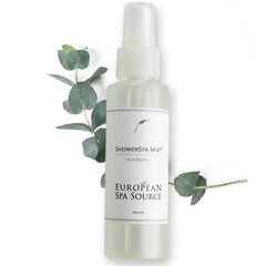 European Spa Source Eucalyptus ShowerSpa Mist bottle in a spa-like bathroom for at-home relaxation and potential decongestion.