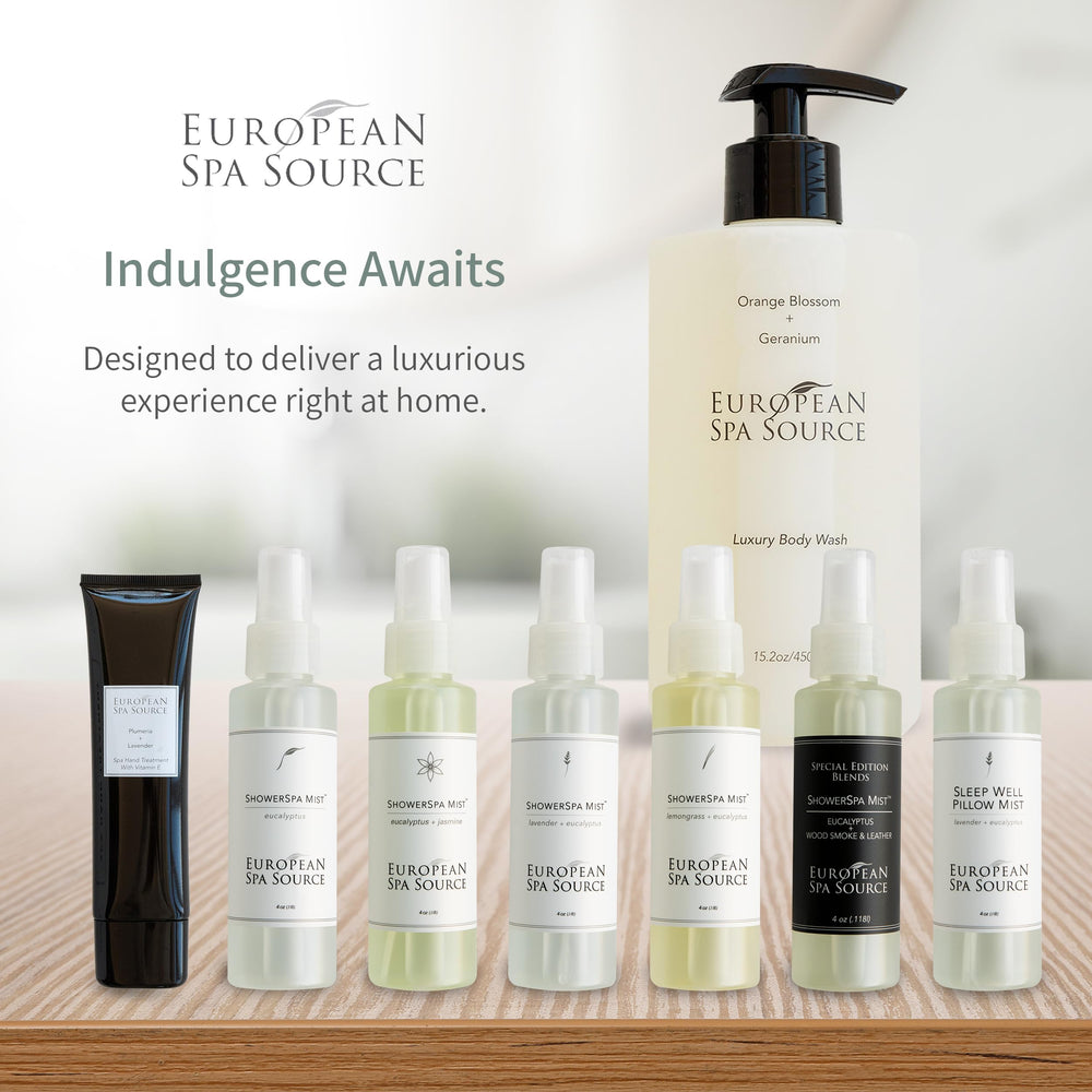 European Spa Source Eucalyptus ShowerSpa Mist close-up label showing premium eucalyptus aroma.