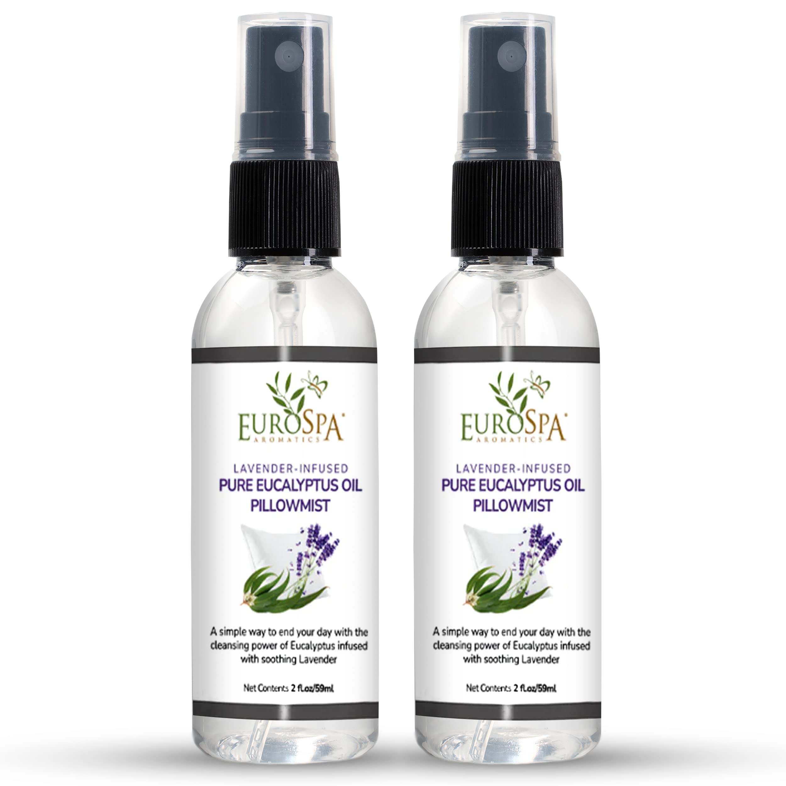 EuroSpa Aromatics lavender-eucalyptus pillow mist bottle pour for calming evenings.