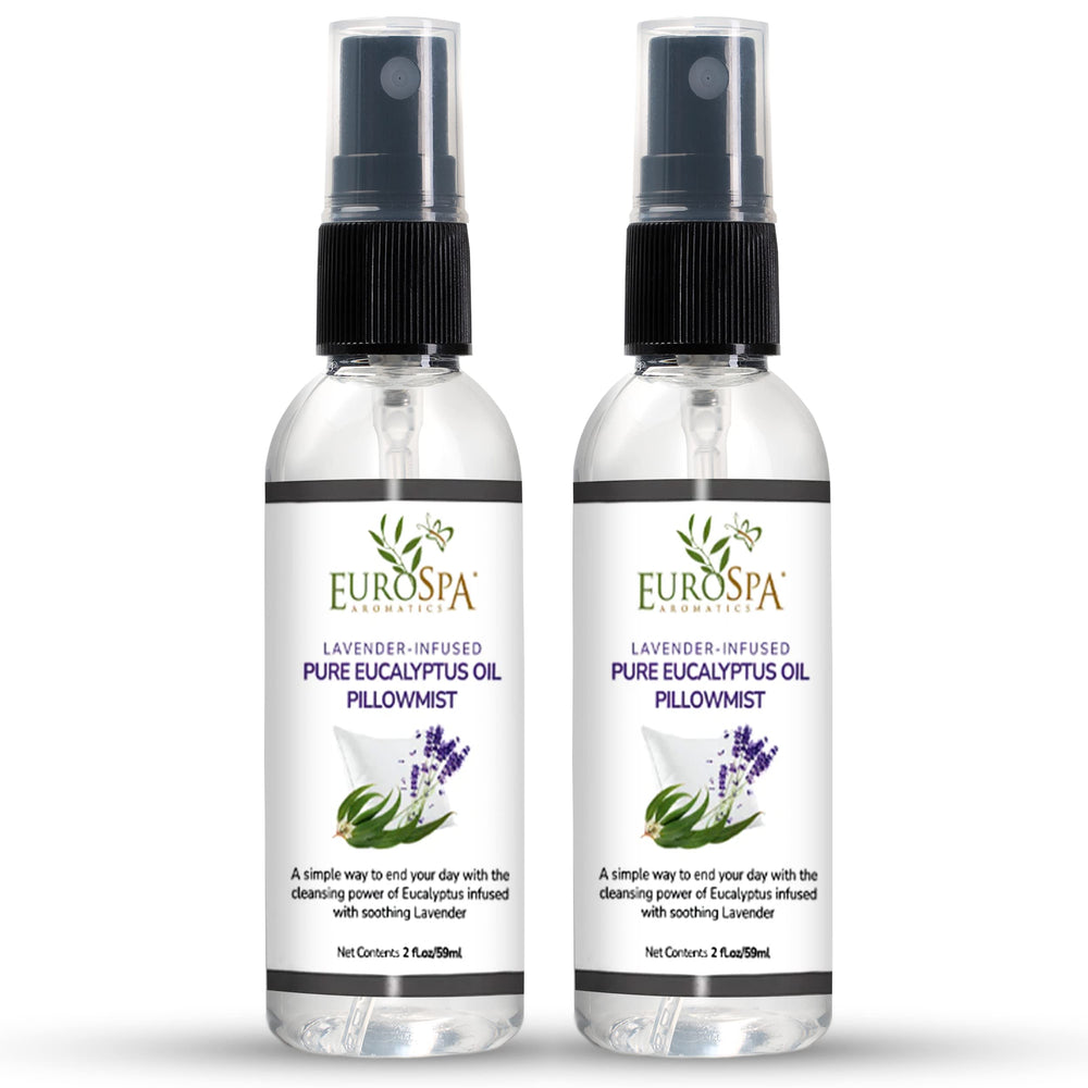 EuroSpa Aromatics lavender-eucalyptus pillow mist bottle pour for calming evenings.