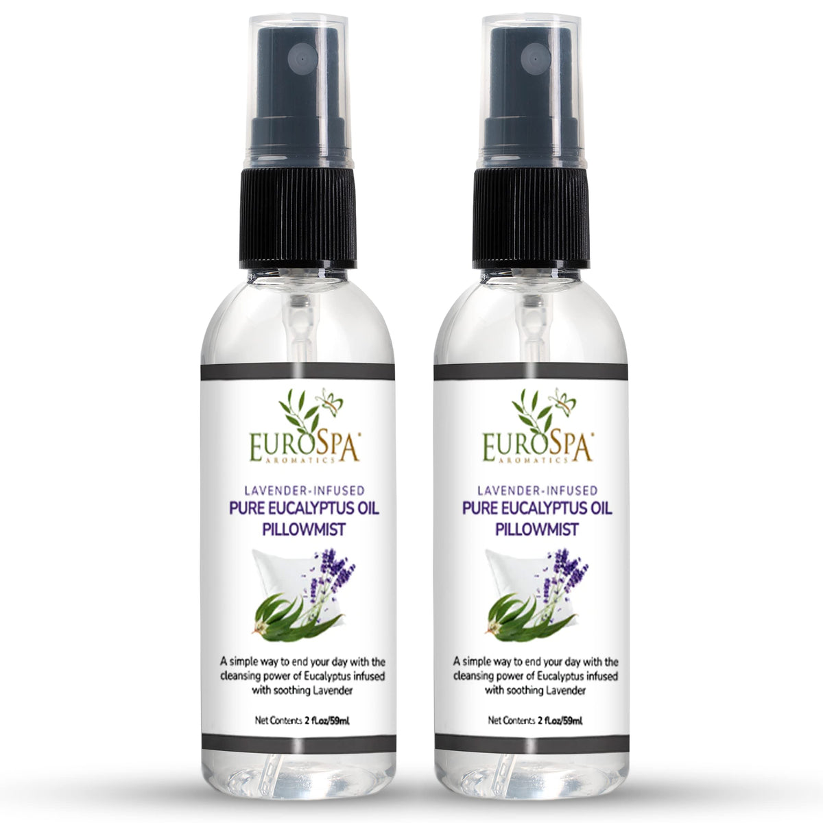 EuroSpa Aromatics lavender-eucalyptus pillow mist bottle pour for calming evenings.