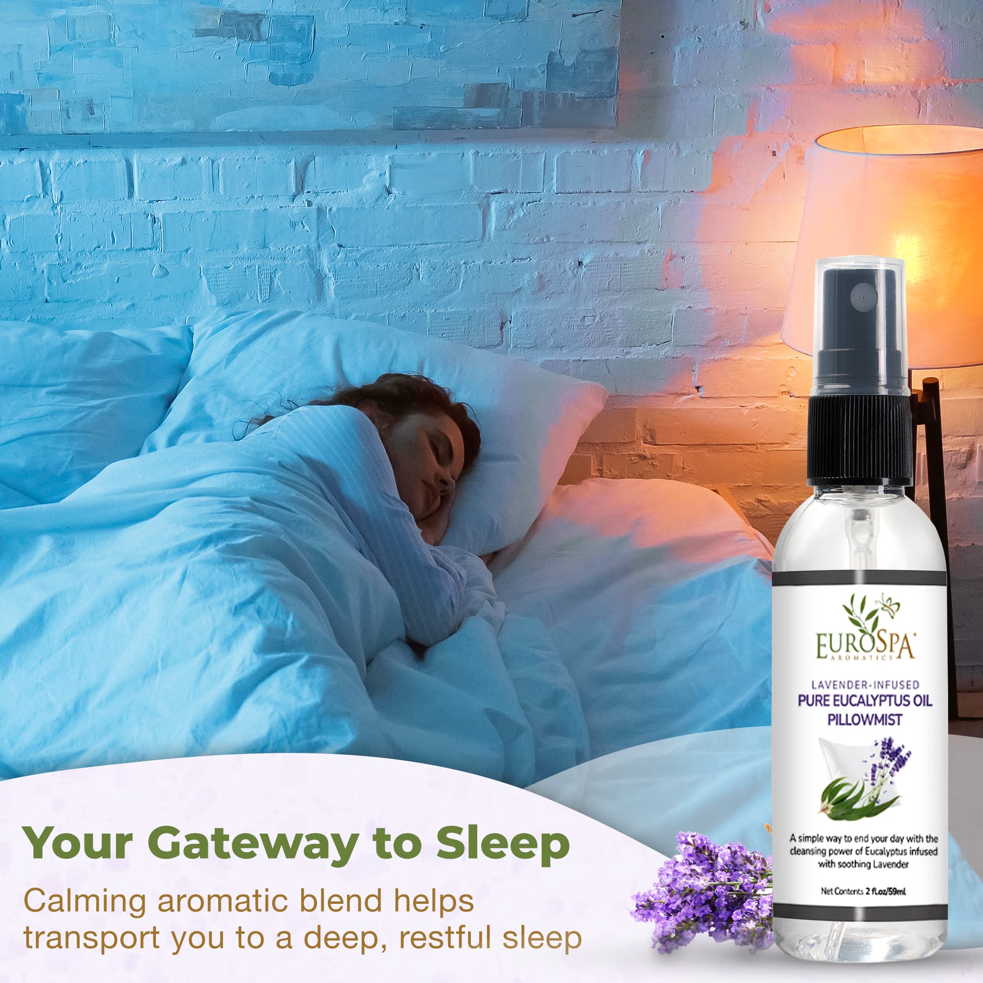 EuroSpa Aromatics lavender-infused pillow mist on bed linens for a peaceful routine.