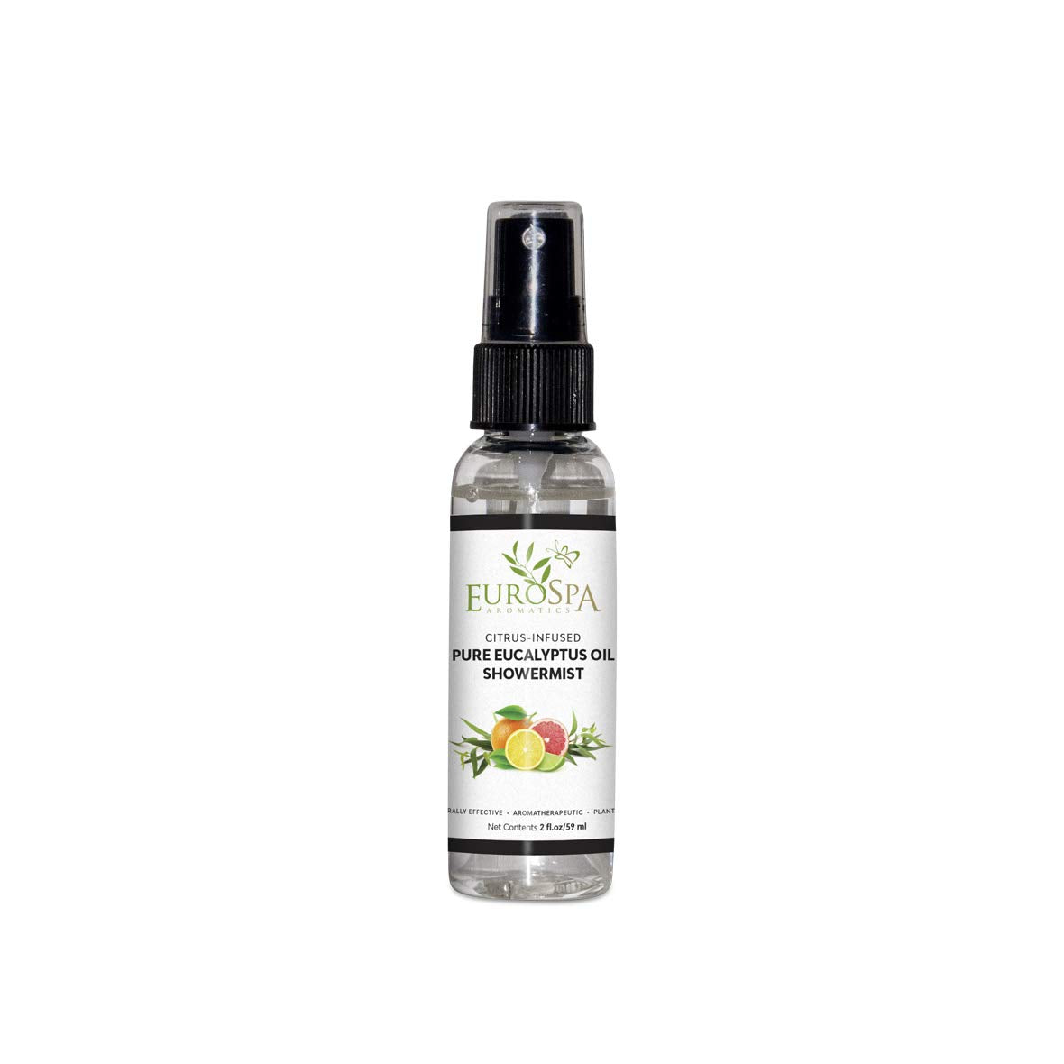 EuroSpa Aromatics pure eucalyptus showermist bottle releasing citrus aroma for refreshing showers.
