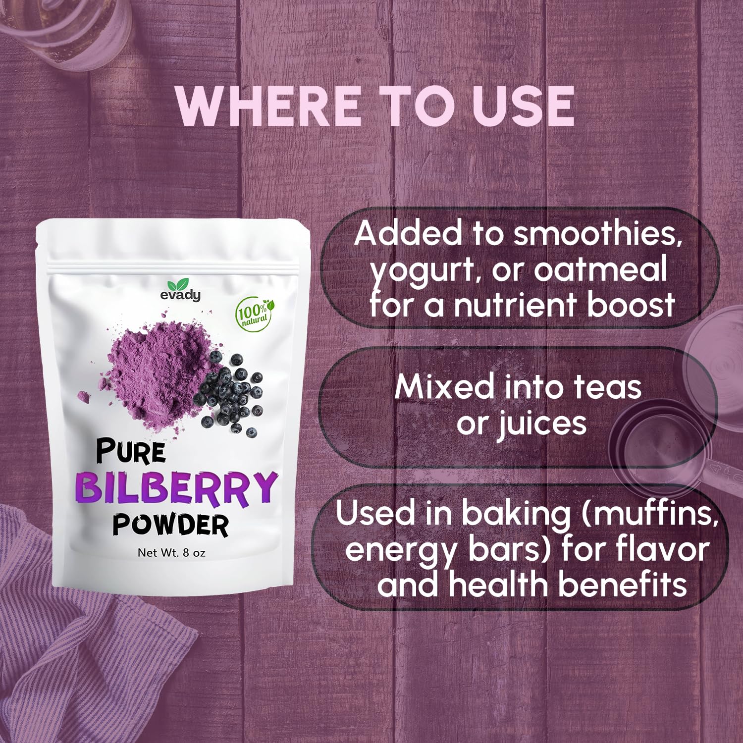 EVADY Bilberry Powder measuring spoon setup for precise usage in meals.