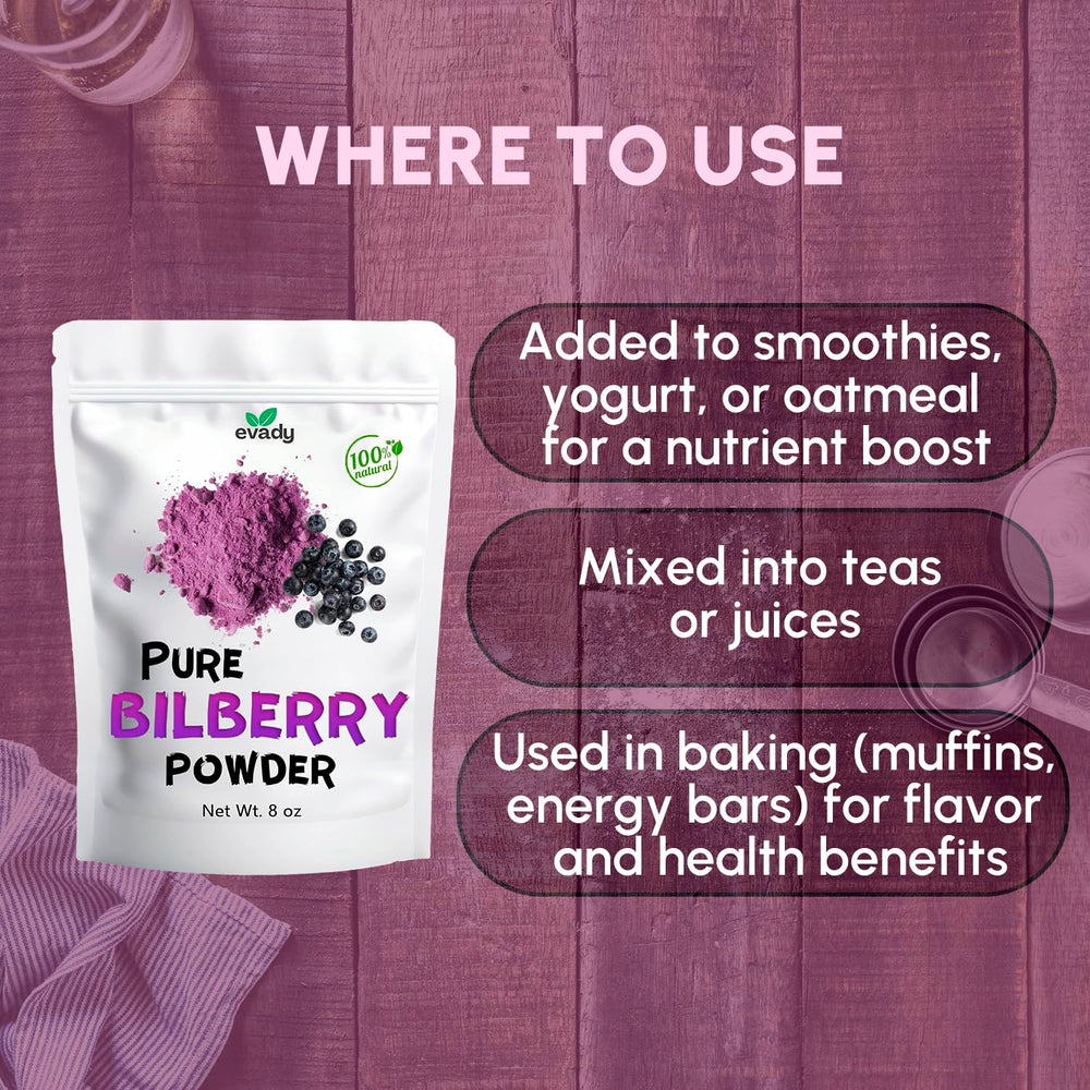 EVADY Bilberry Powder measuring spoon setup for precise usage in meals.