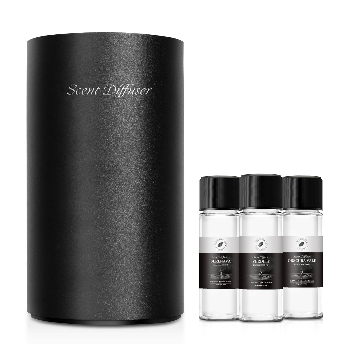 EvCZen waterless diffuser front view in black for compact, room-filling aroma.