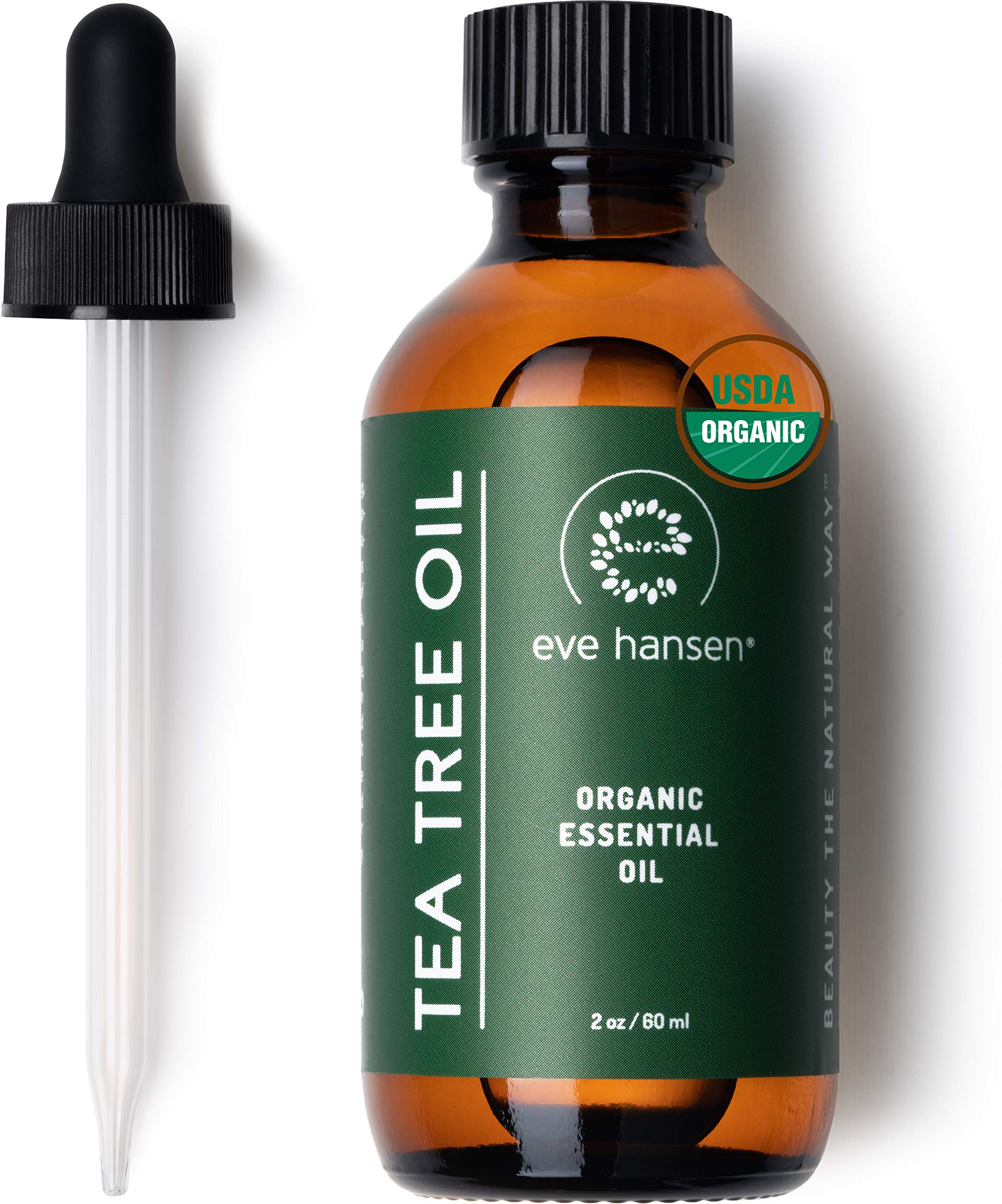 Eve Hansen Tea Tree Oil bottle in amber glass preserves freshness for home use.