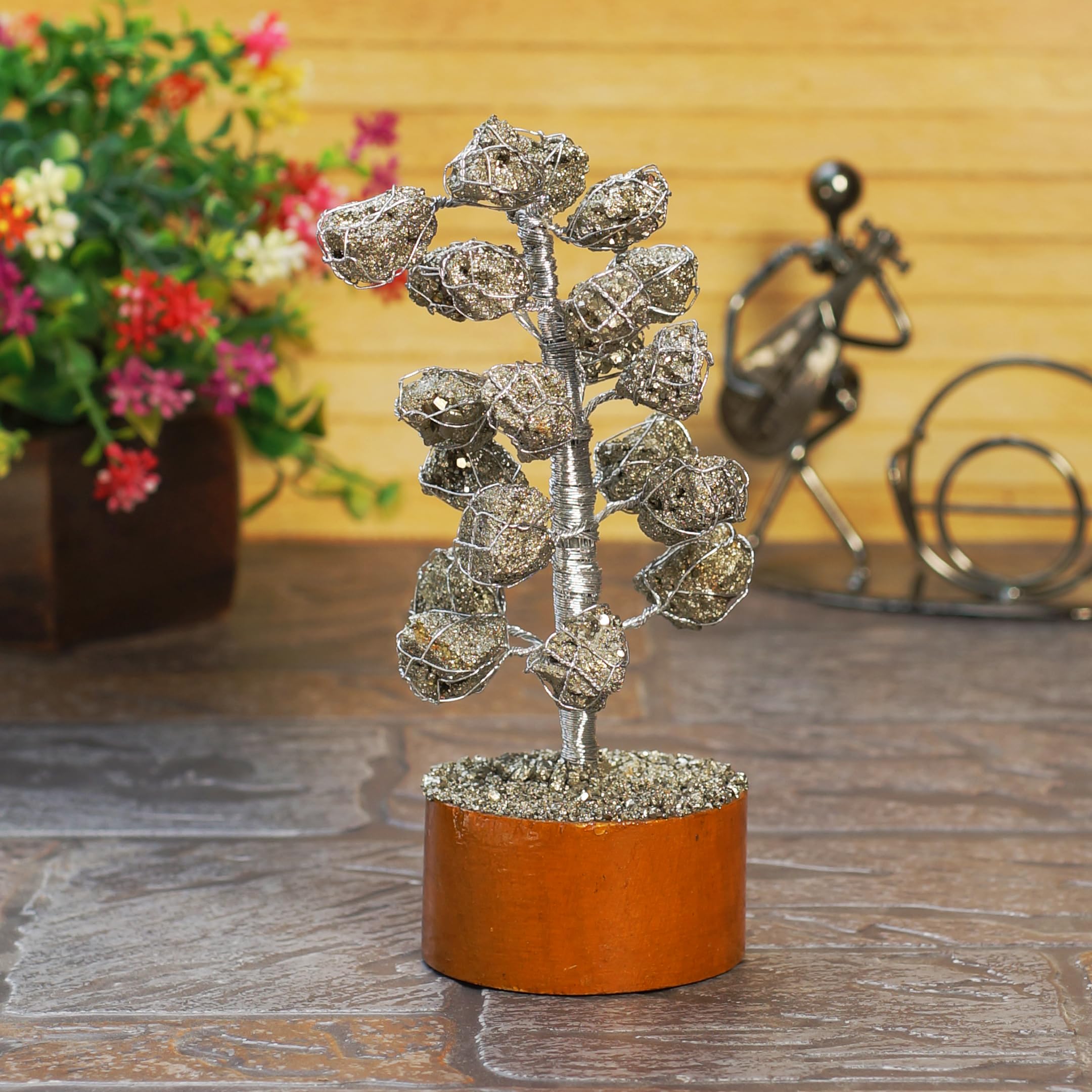 Ever Vibes Pyrite Crystal Tree on wood base complements desks beautifully.