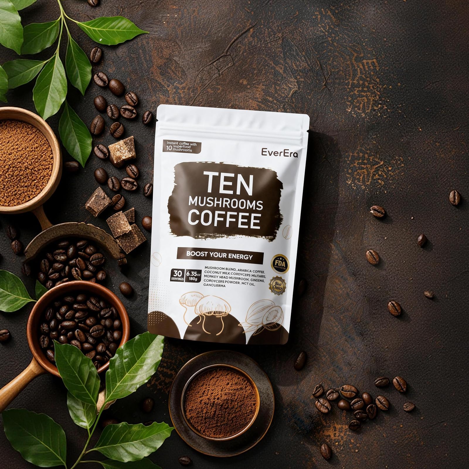 EverEra organic Arabica beans in a bag with a high altitude roast and mellow finish.