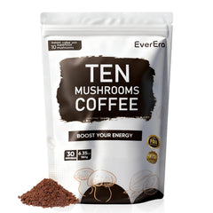 EverEra Organic Mushroom Coffee 10-in-1 blend in bag being poured for daily energy.