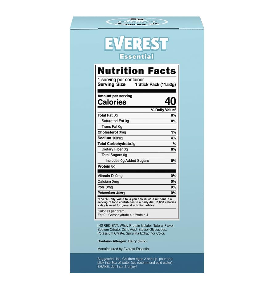 Everest Essential Kids Clear Whey front packaging emphasizes zero added sugar