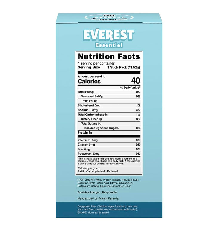 Everest Essential Kids Clear Whey front packaging emphasizes zero added sugar