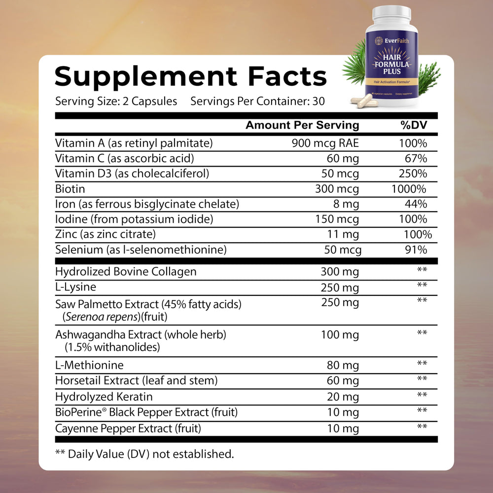 EverFaith Hair Formula Plus capsules closeup showing nutrient-rich vitamins.
