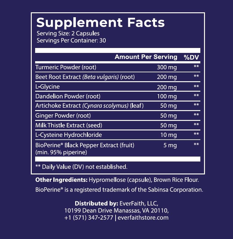 Everfaith Livergy bottle back label lists ingredients for detox wellness