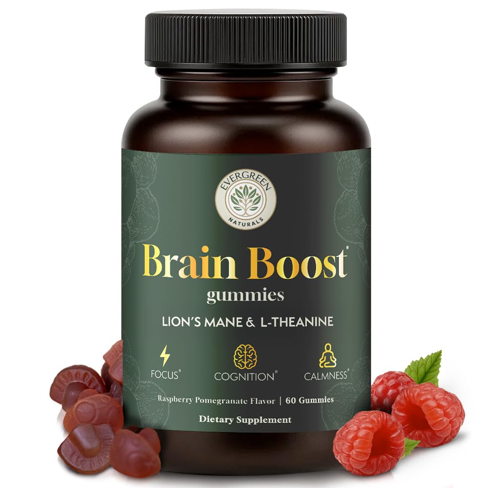 Evergreen Naturals Lion’s Mane Gummies bottle front view with vegan cognitive support.