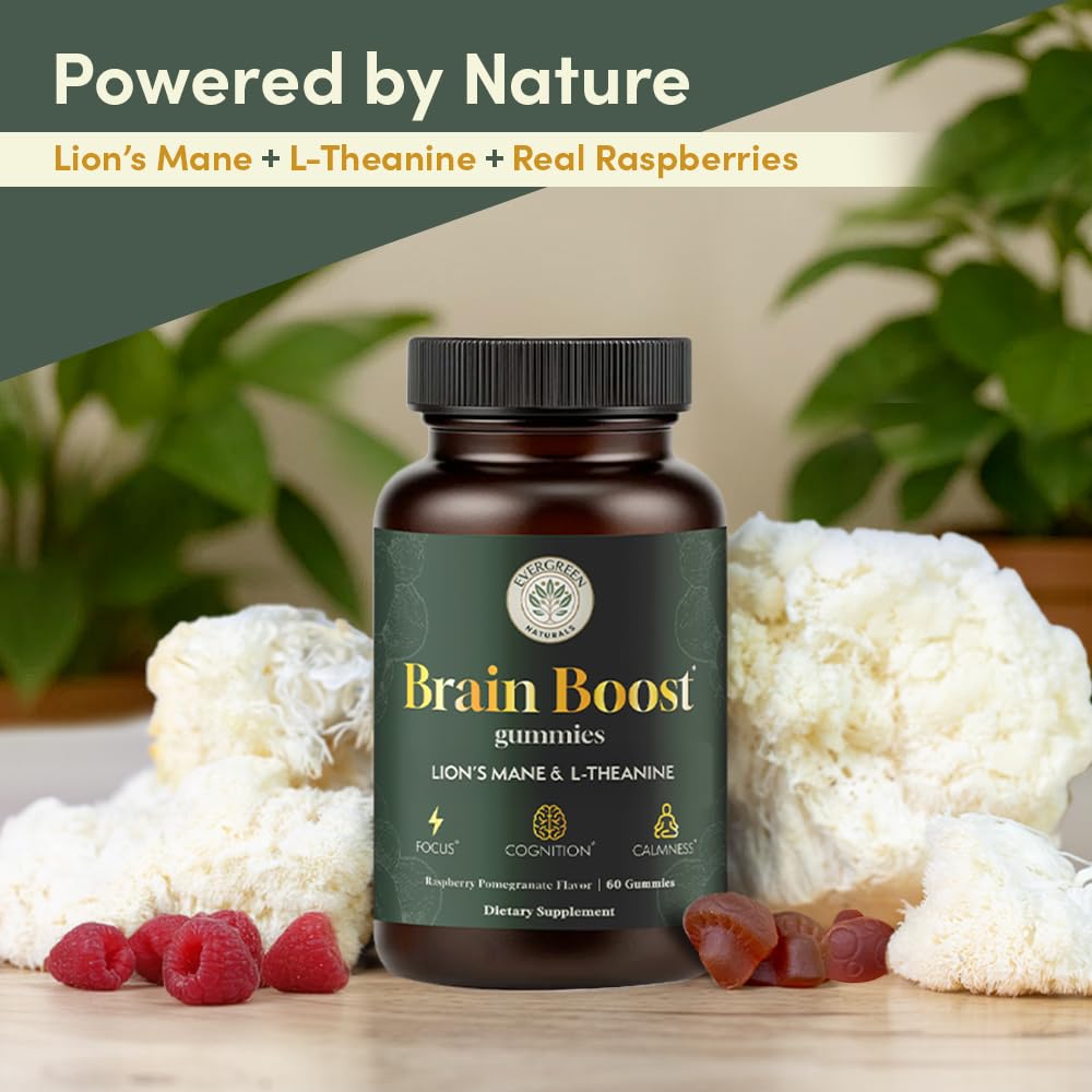 Evergreen Naturals Lion’s Mane Gummies packaging box displaying vegan, non-GMO credentials.