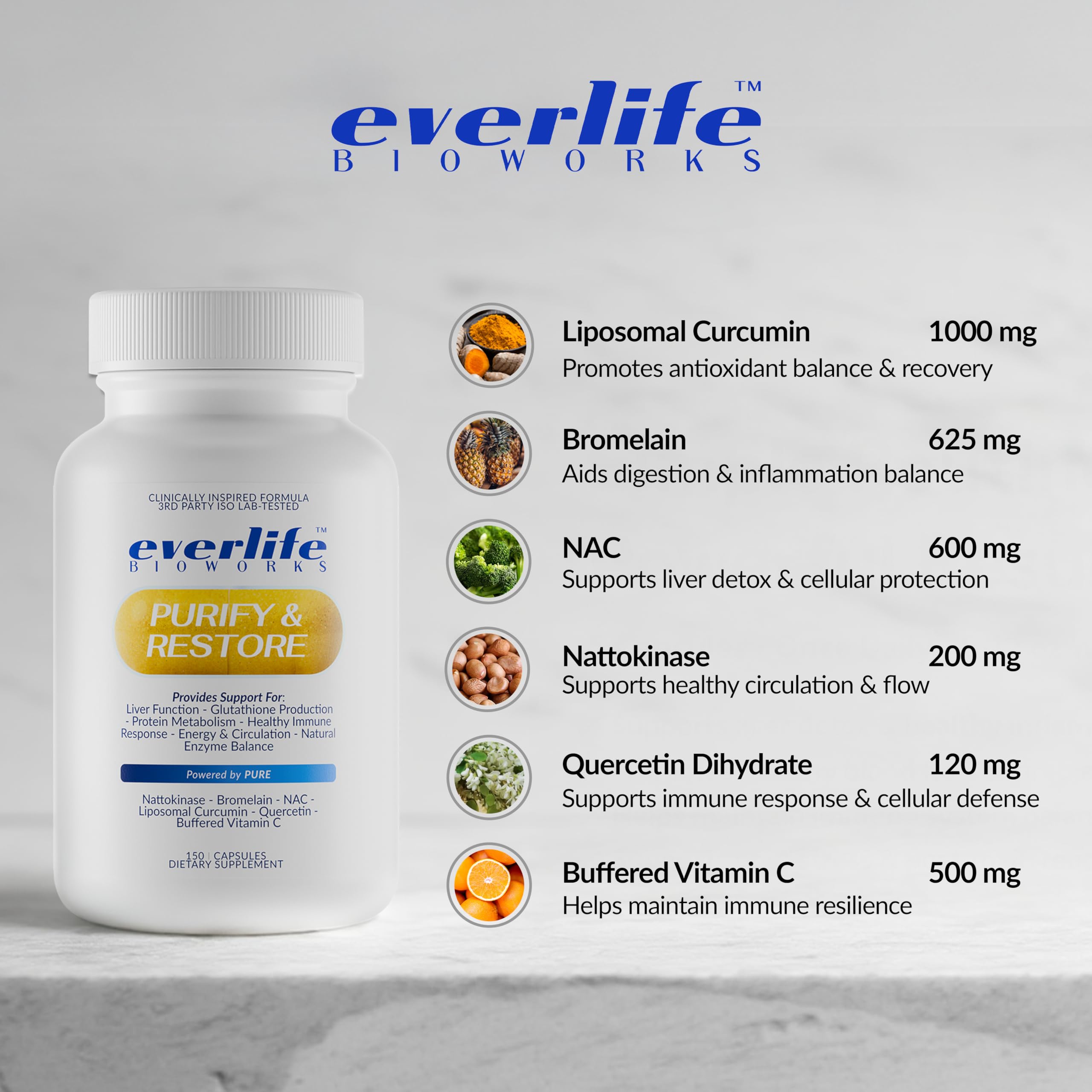 Everlife Detox scene with capsules beside a glass conveys daily wellness.