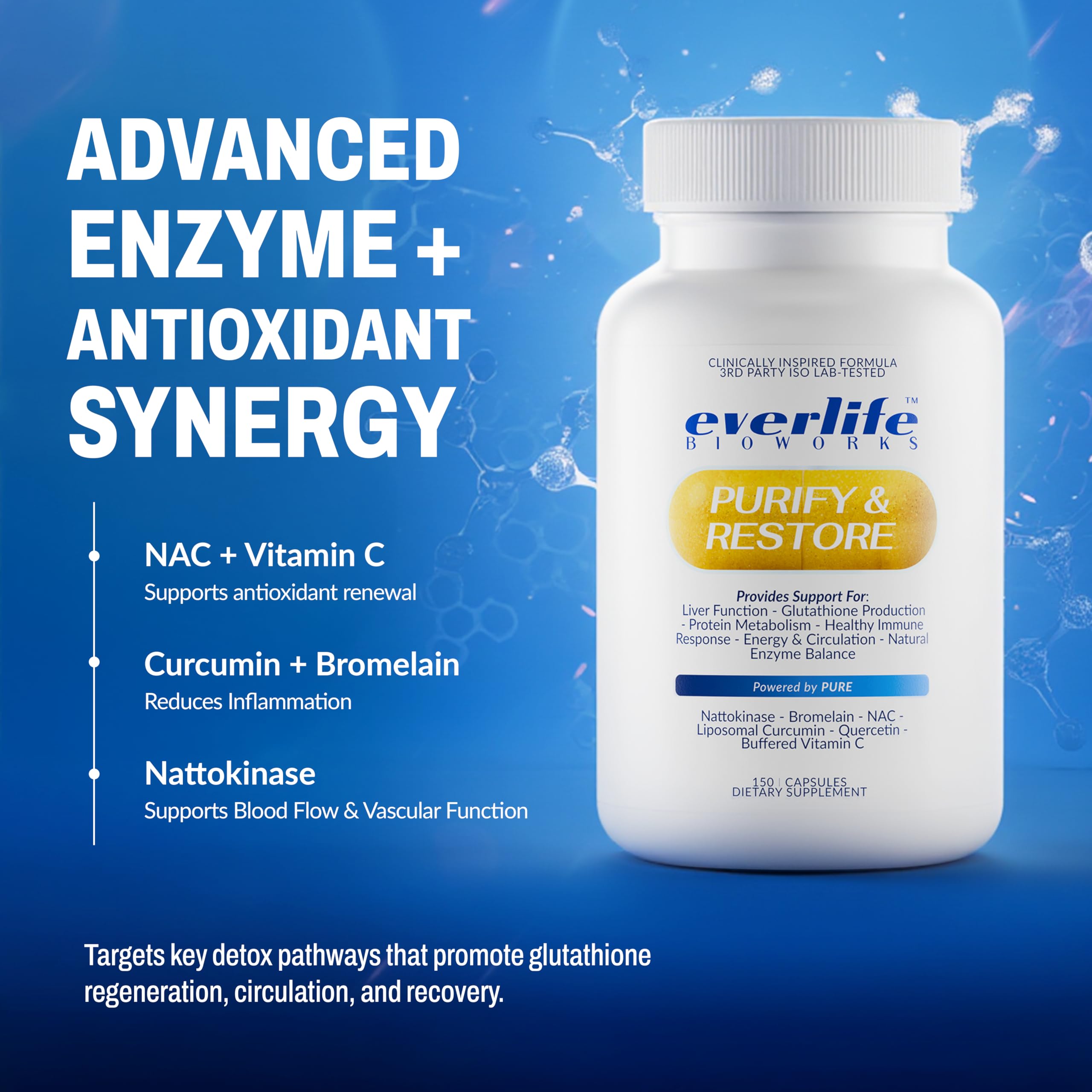 Everlife NAC Quercetin Bromelain capsules illustrate liver-support and circulation benefits.