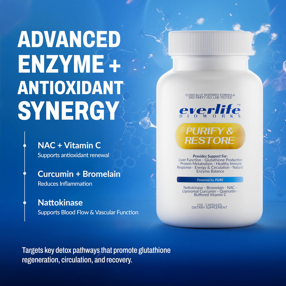Everlife NAC Quercetin Bromelain capsules illustrate liver-support and circulation benefits.