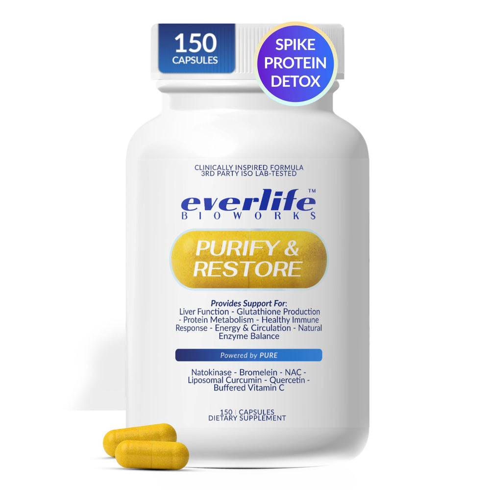 Everlife Spike Protein Detox bottle shows a full body detox concept for daily wellness.