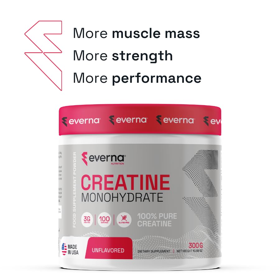 EVERNA Creatine Monohydrate powder bottle on shelf highlights purity.