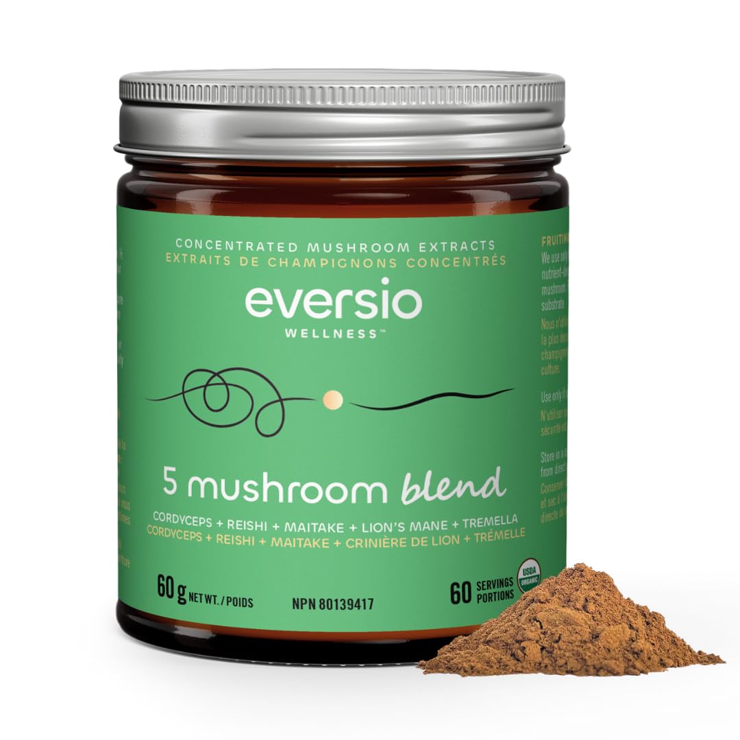 Eversio Wellness 5 Mushroom Blend bottle on countertop for daily energy support.