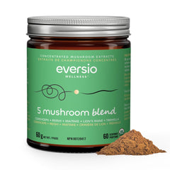 Eversio Wellness 5 Mushroom Blend bottle on countertop for daily energy support.