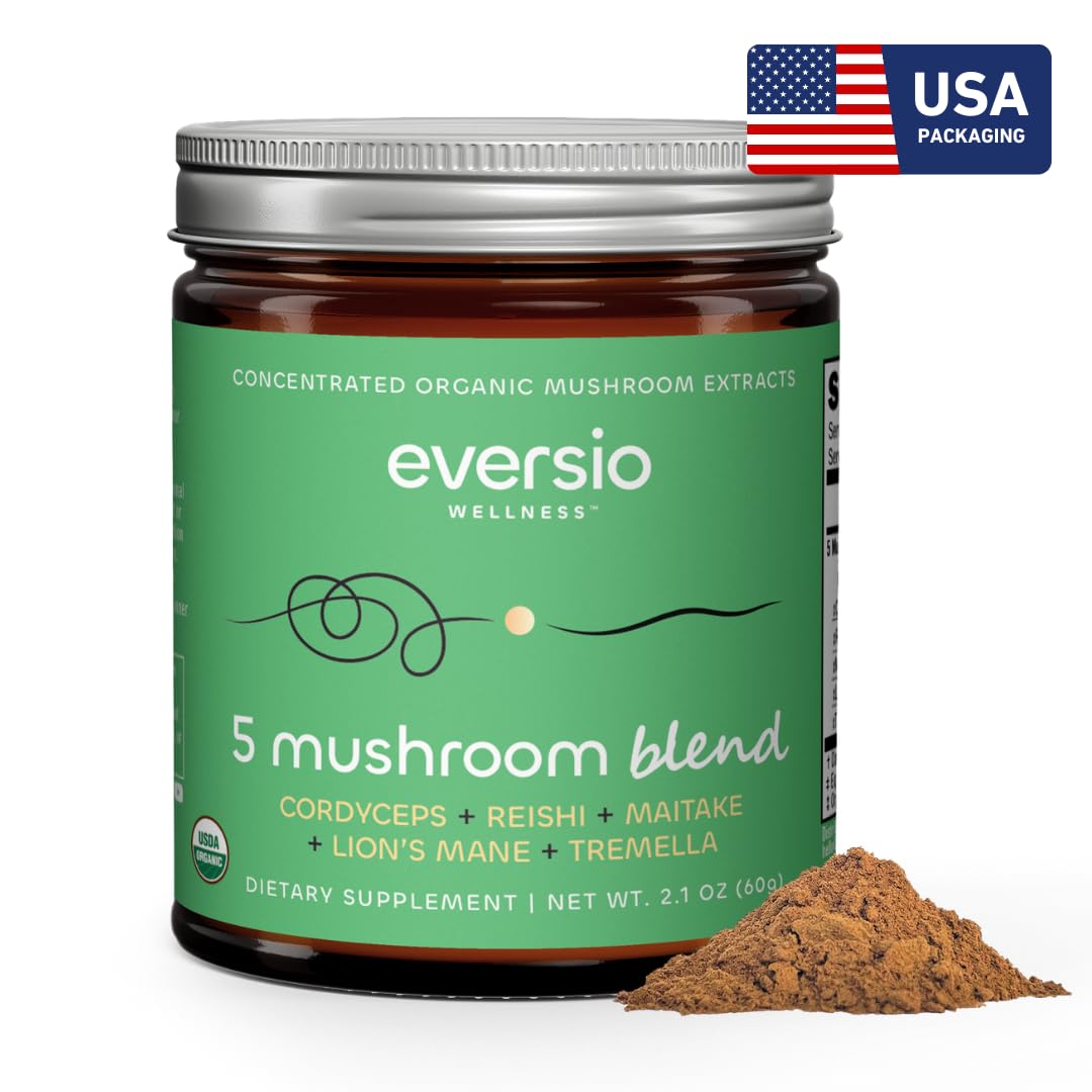 Cup of coffee with Eversio Wellness 5 Mushroom Blend for a smooth boost.